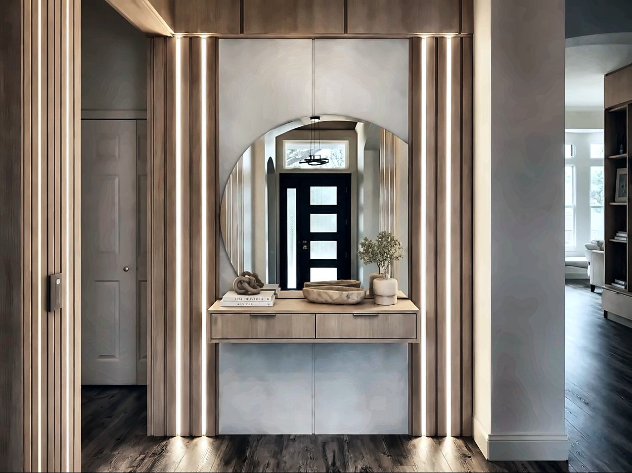 Fluted oak entry surround with integrated linear lighting and an arched mirror above a floating console